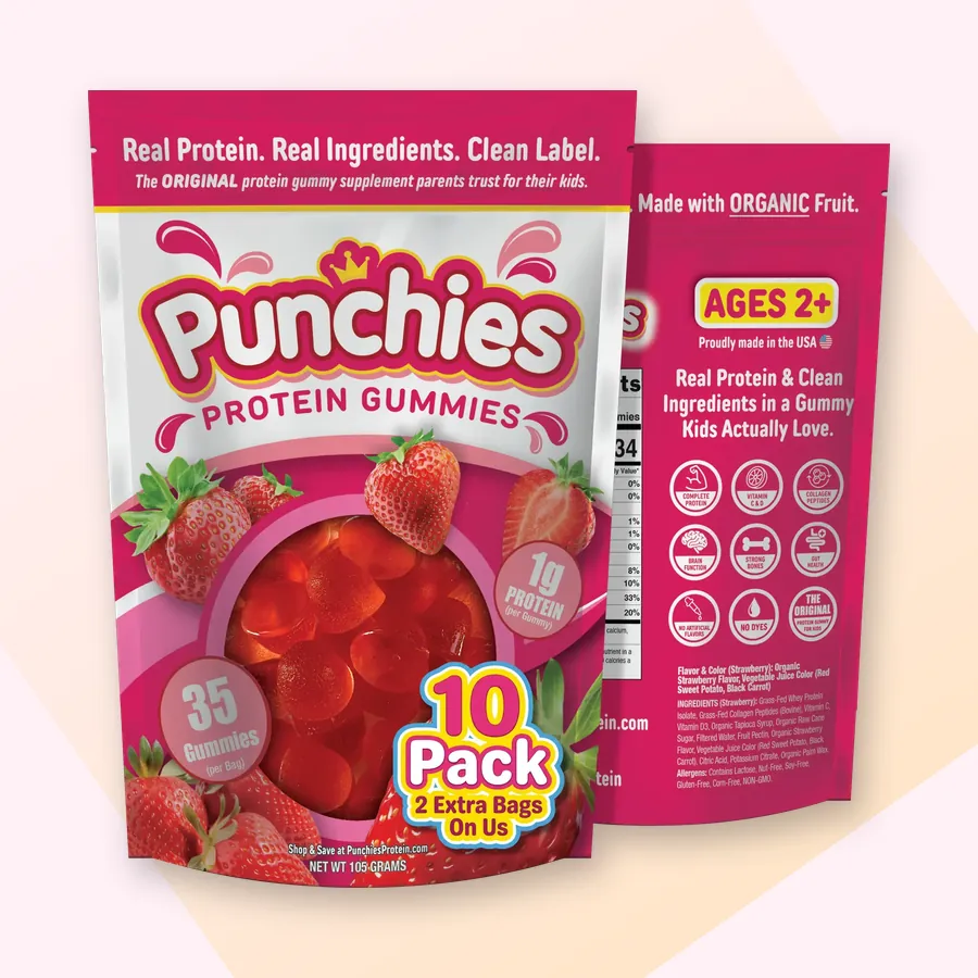 Whey protein gummies: Punchies strawberry protein gummies, 10-bag pack