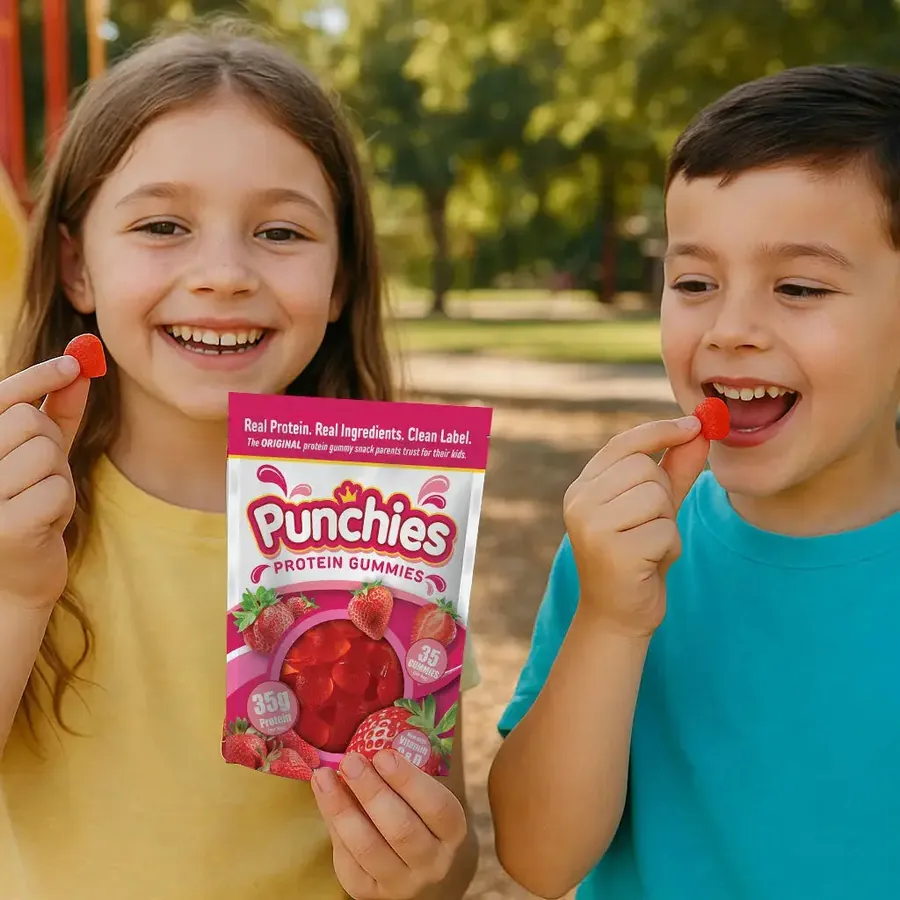 Whey protein gummies: two kids snacking on Punchies protein gummies