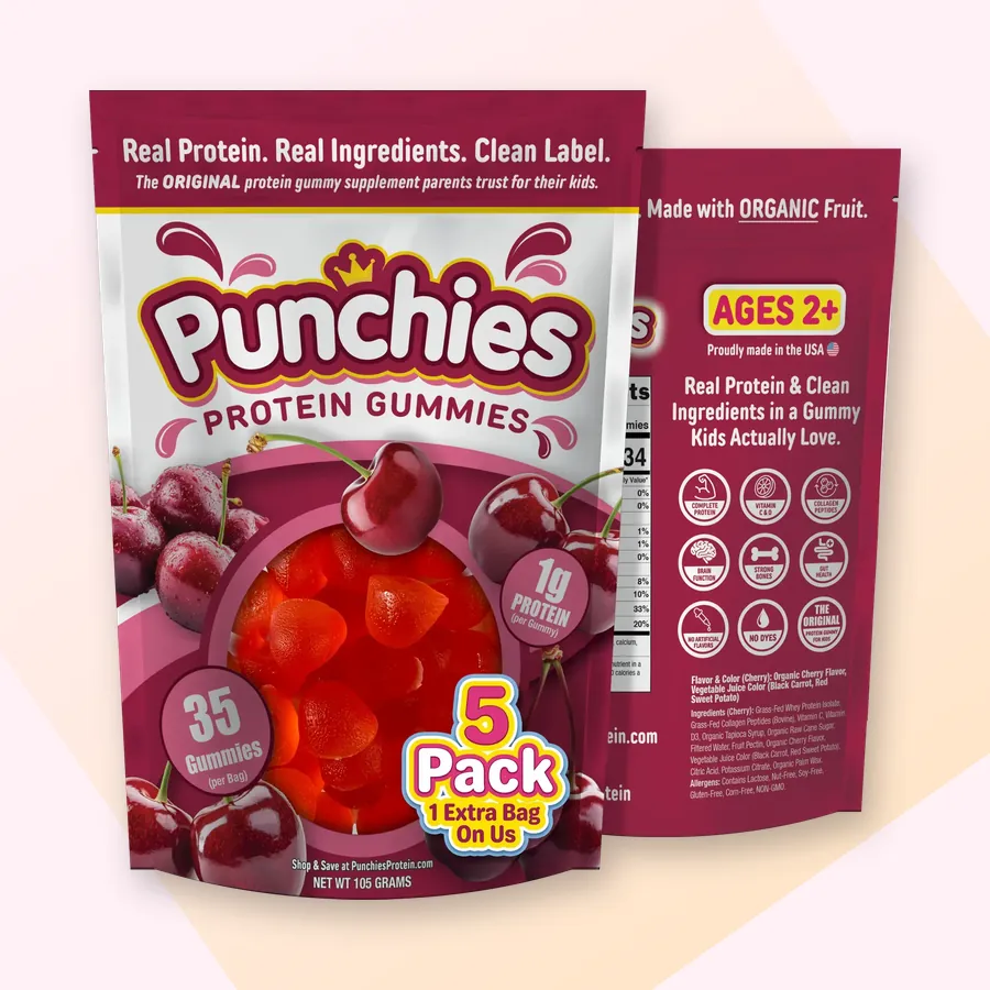 Whey protein gummies: Punchies cherry protein gummies, 5-bag pack