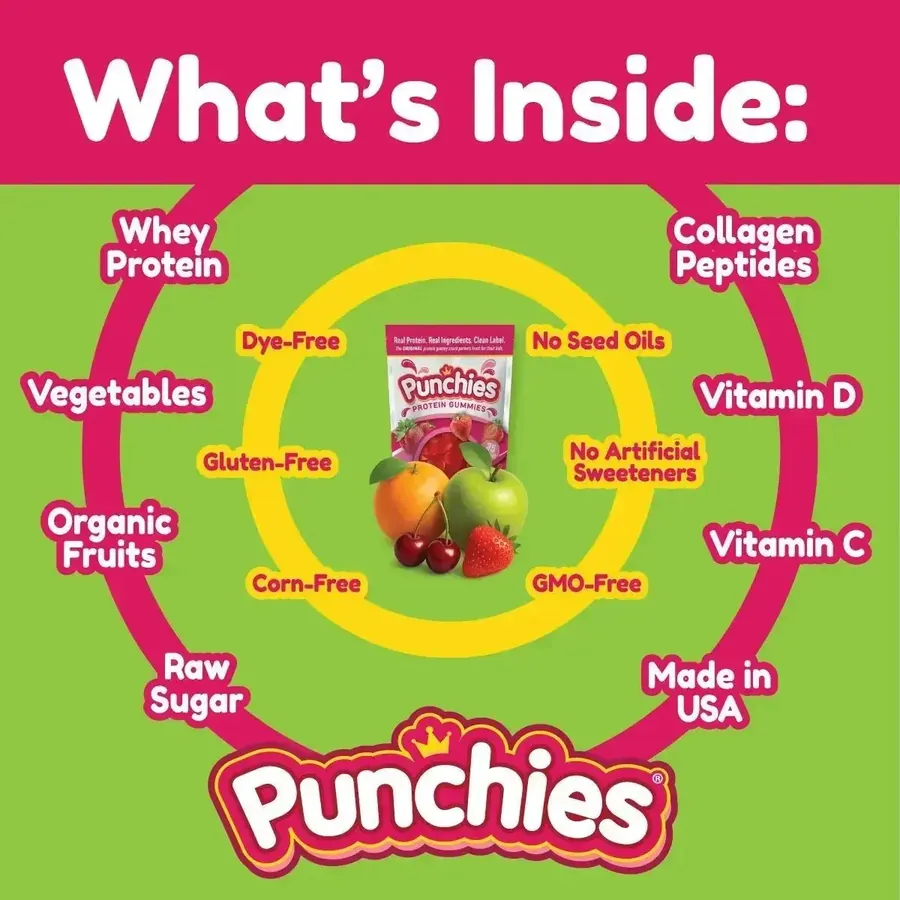 Whey protein gummies: what is inside Punchies protein gummies: whey protein, collagen peptides, vitamin C and D, organic fruits and raw sugar